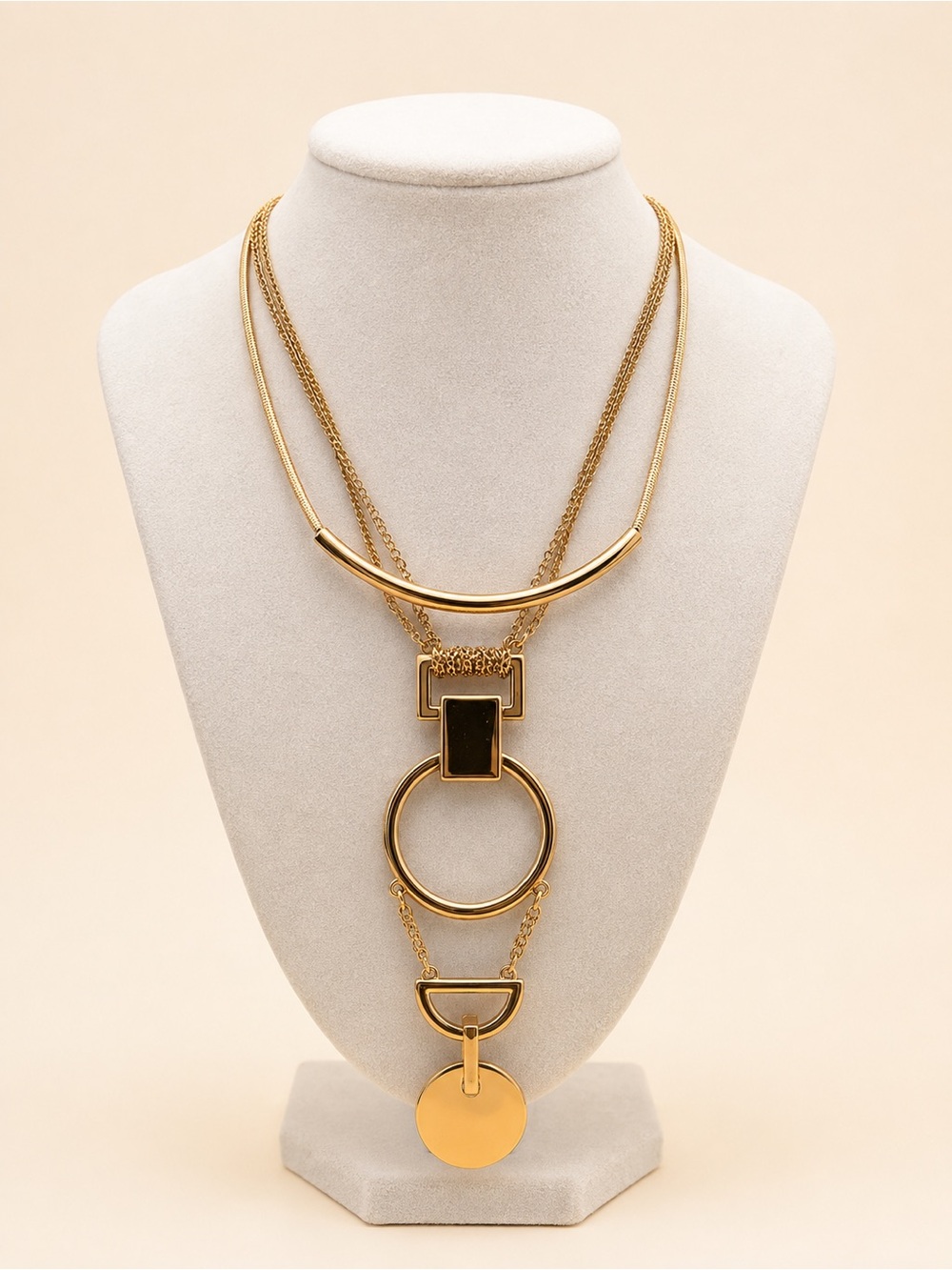 Layered Gold-Tone Geometric Pendant Necklace for Women